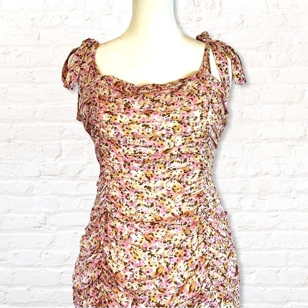 Minkpink Delphine Little Darling Cream and Pink Floral Ruched Mini Dress Large - Picture 6 of 14